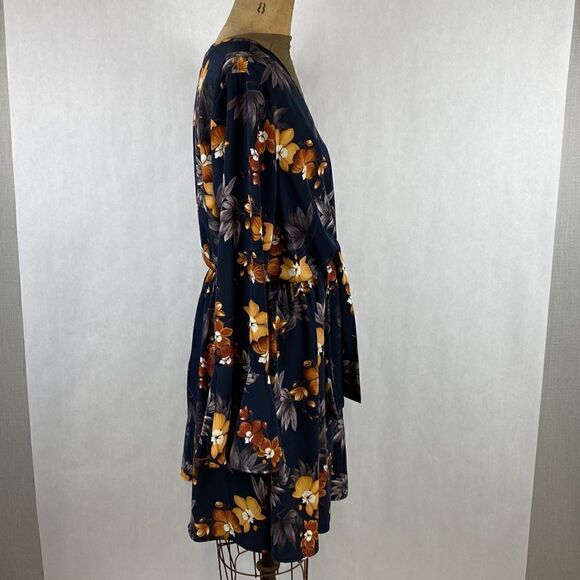 NWT Moderato Floral Dress Size Large V-Neck Bell Sleeve Navy Blue Fall Colors - Picture 9 of 14